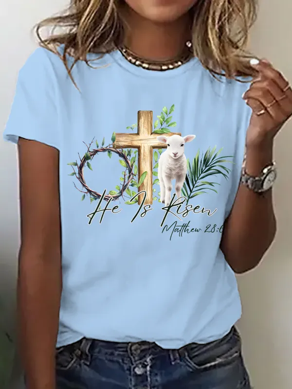 Image of He Is Risen Easter Lamb Cross Christian Bible Verse Cotton T-Shirt