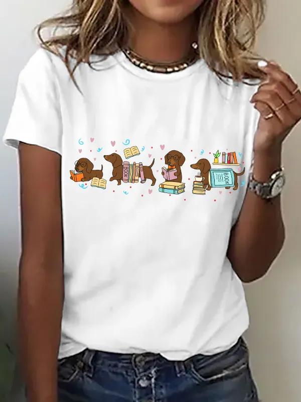 Image of Dachshund Book Lover Cotton T-Shirt