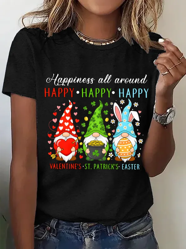 Image of Women's Happy Valentines St Patrick Easter Happy Holiday Gnome Funny short-sleeved T-shirt