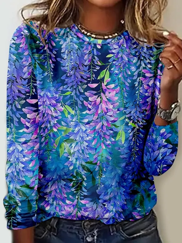 Image of Women's Simple Regular Fit Blue Floral Crew Neck Shirt