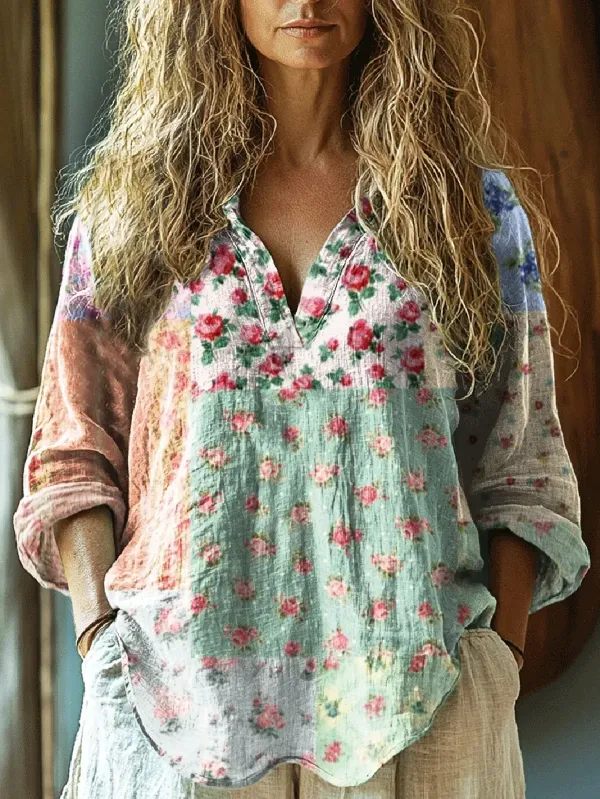 Image of Ladies vintage pastoral floral print casual V Neck Loose Cotton-Blend Casual Shirt