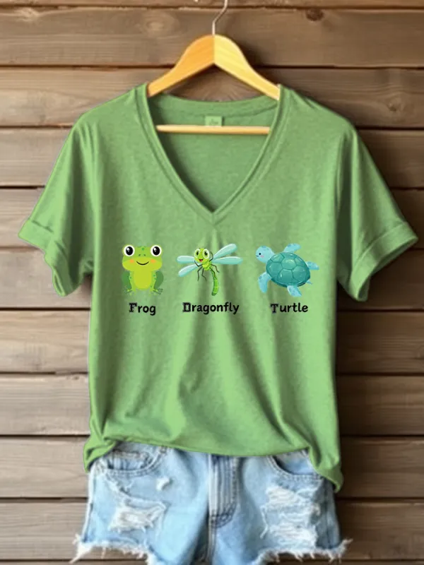 Image of Women's Frog Dragonfly Turtle Printed V Neck T-shirt