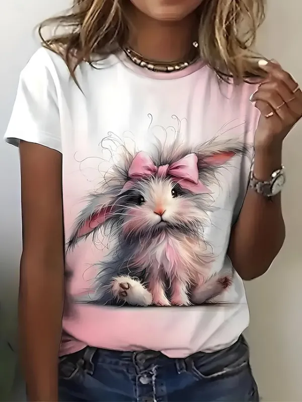 Image of Women's Easter Cute Bunny Printed Round Neck Short Sleeve T-Shirt