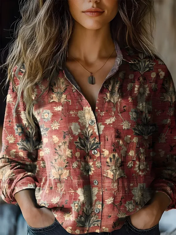 Image of Women's Vintage Art Floral Print Cotton and Linen Long Sleeve Shirt
