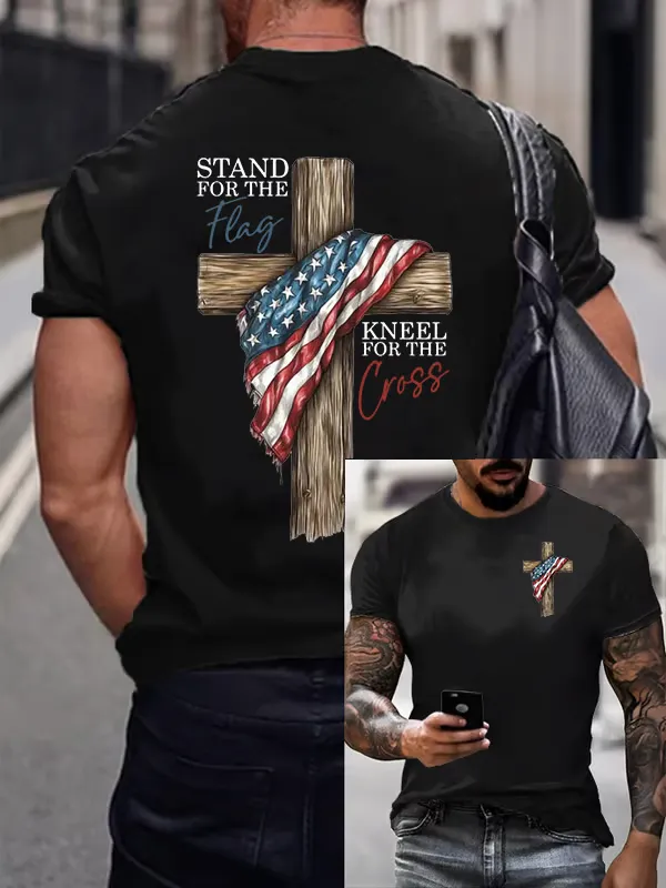 Image of Men's Stand For The Flag Kneel For The Cross Printed Casual T-Shirt