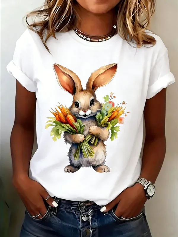Image of 3D Printing Easter Rabbit Crew Neck Short Sleeve Casual T-Shirt