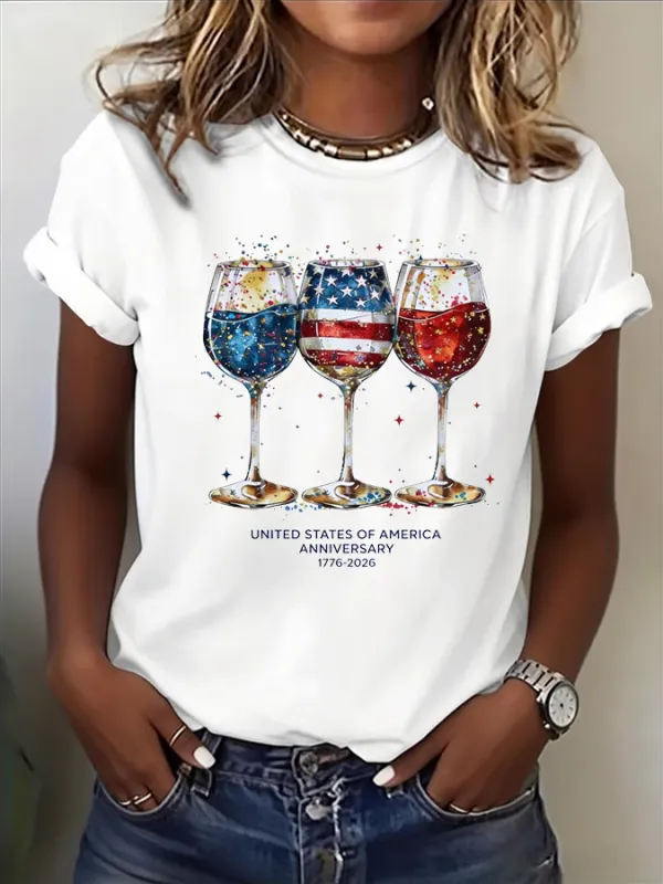 Image of Women's Short Sleeve T-shirt Summer White Independence Day (Flag) Printing Jersey Crew Neck Daily Going Out Casual Top
