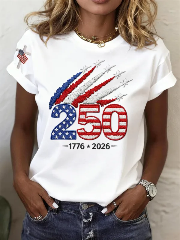 Image of Women’s USA 250th Anniversary Embroidered Print Crew Neck Short Sleeve T-Shirt