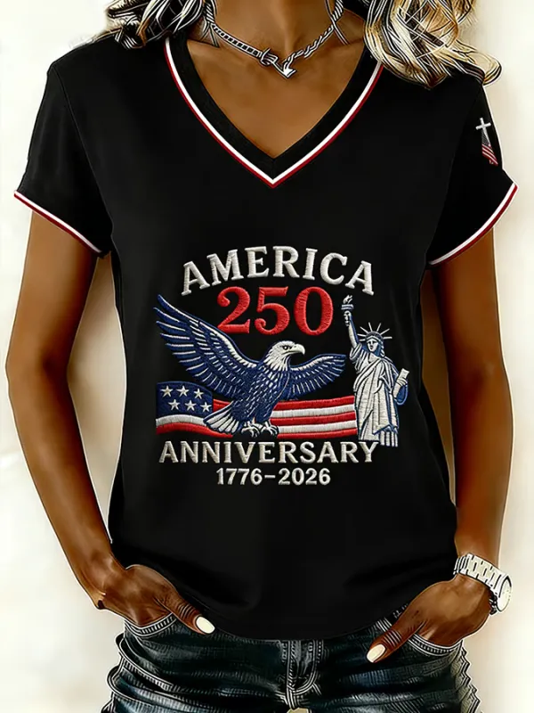 Image of America Flag Casual V Neck Loose T-Shirt