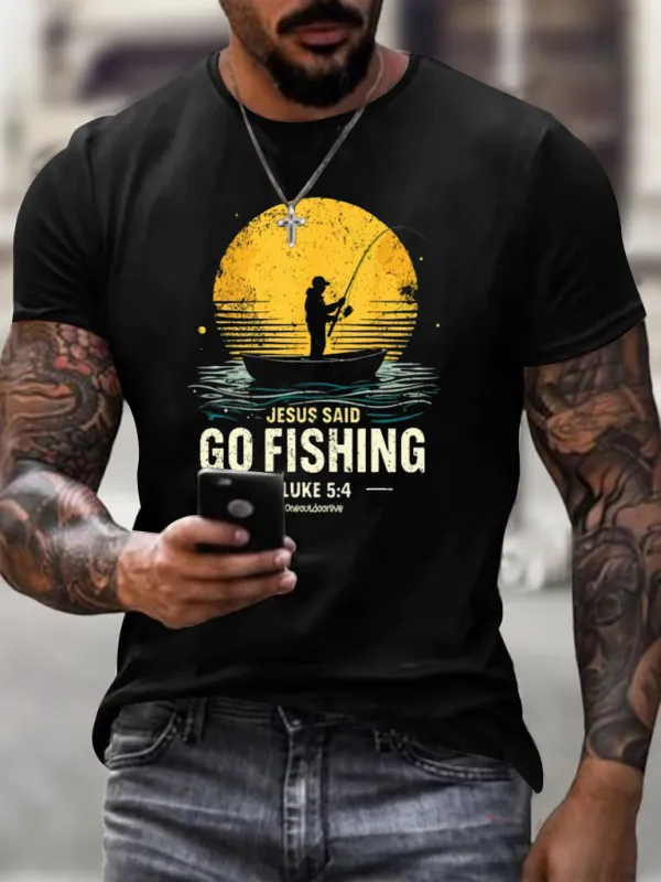 Image of Men's Jesus Said Go Fishing Printed Casual T-shirt