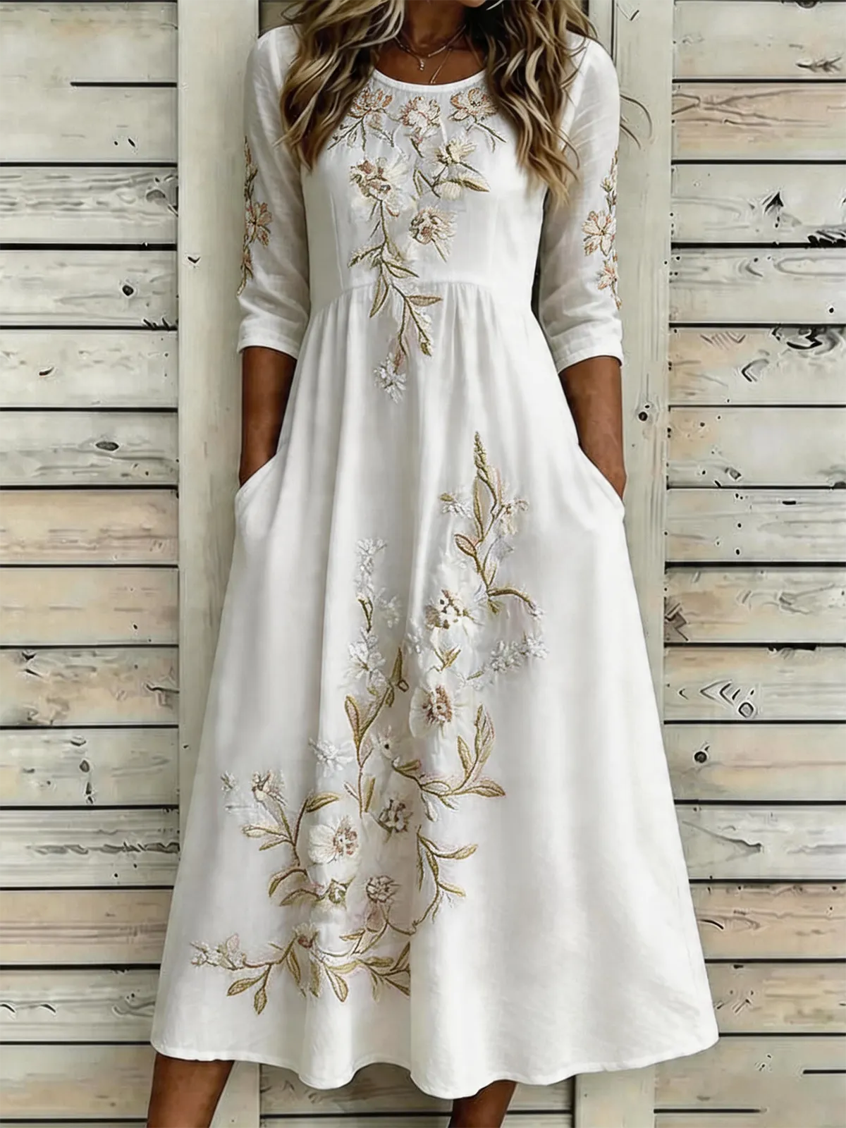 Vintage Crew Neck Cotton-Blend Dress With No