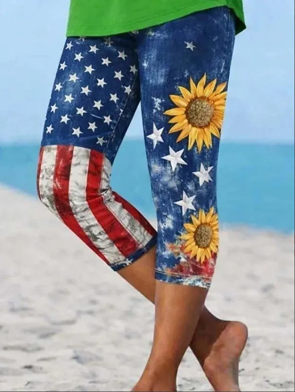 Women's USA 250th Anniversary Elastic Waist H-Line Legging Daily Going Out Pants Blue Casual Printing America Flag Summer Pants