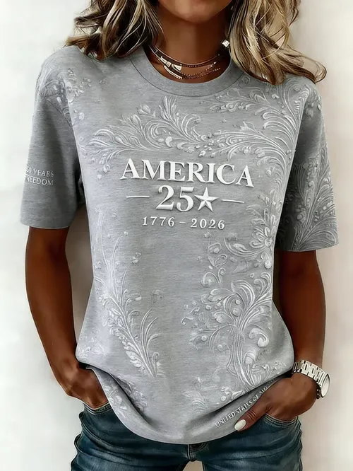 Grey Floral Cotton Casual T-Shirt