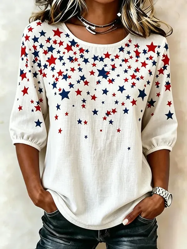 Women's Half Sleeve Blouse Summer White Independence Day (Flag) Printing Crew Neck Daily Going Out Vintage Top
