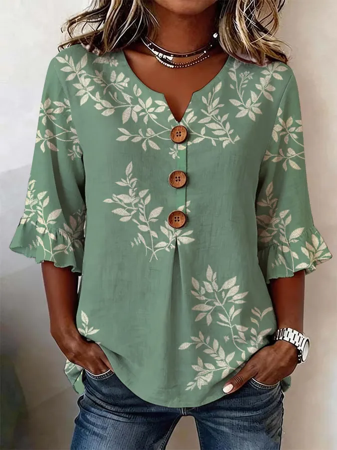 Women's Half Sleeve Blouse Summer Green Floral Printing V Neck Daily Going Out Vintage Top