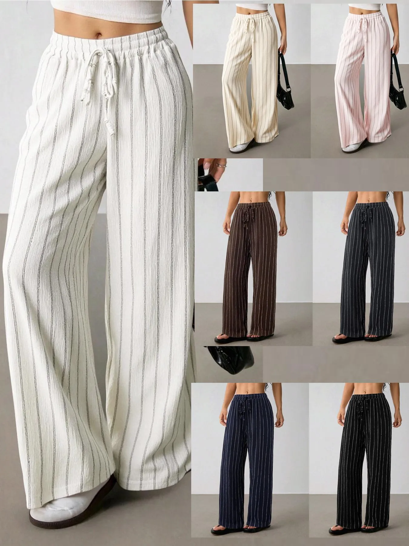 Loose Structure Striped High Waist Wide Leg Elastic Waist Daily Going Out Casual Pants