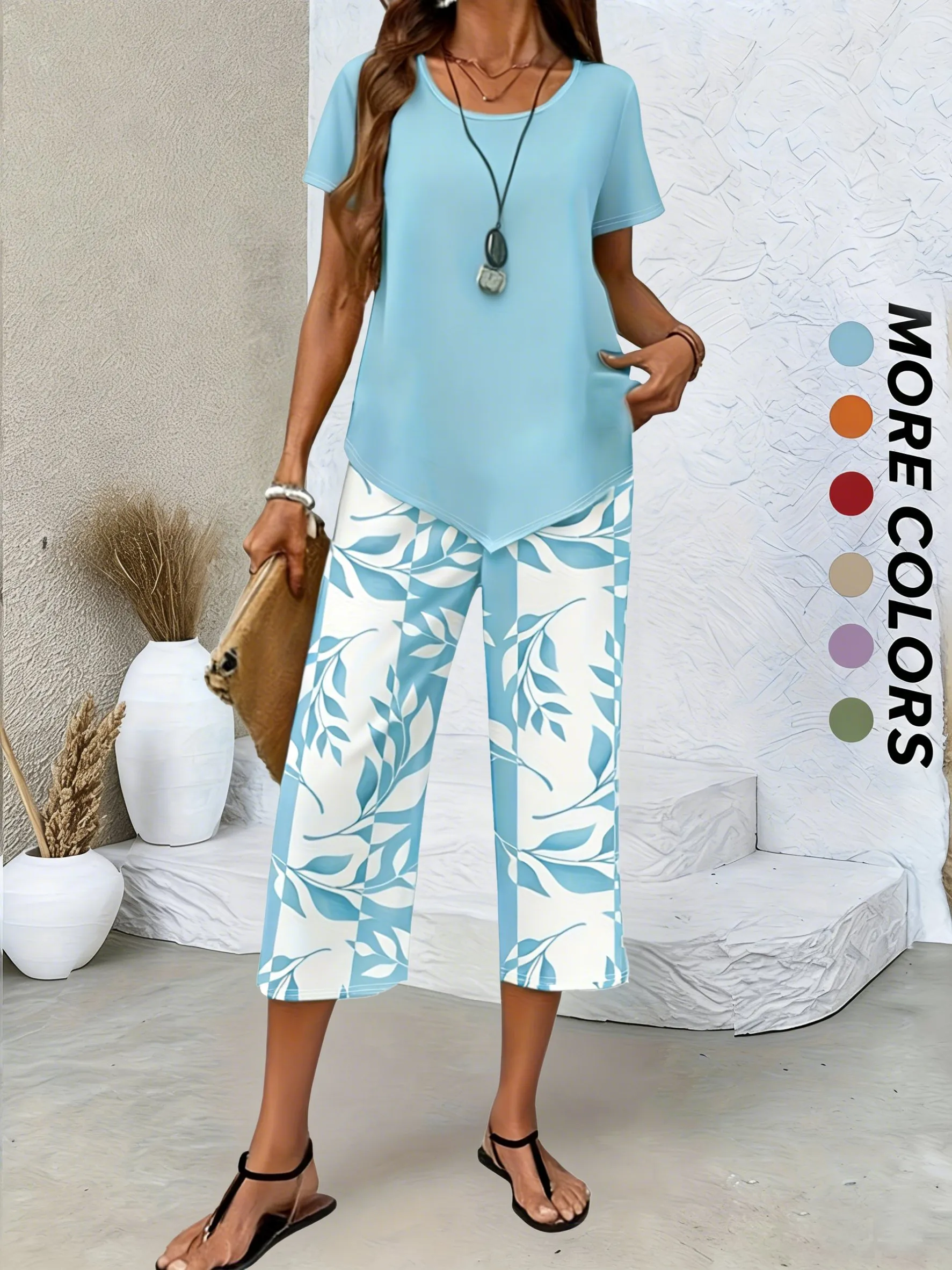 Solid Round Neck Short Sleeve Top With Floral Printing Pants Casual Two-Piece Set