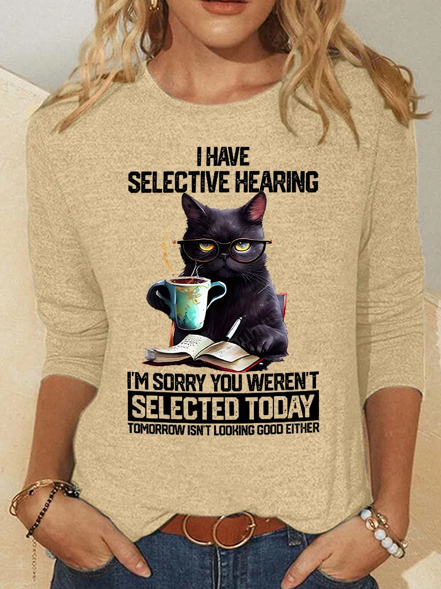 Funny Selective Hearing Cat Casual Long Sleeve Shirt