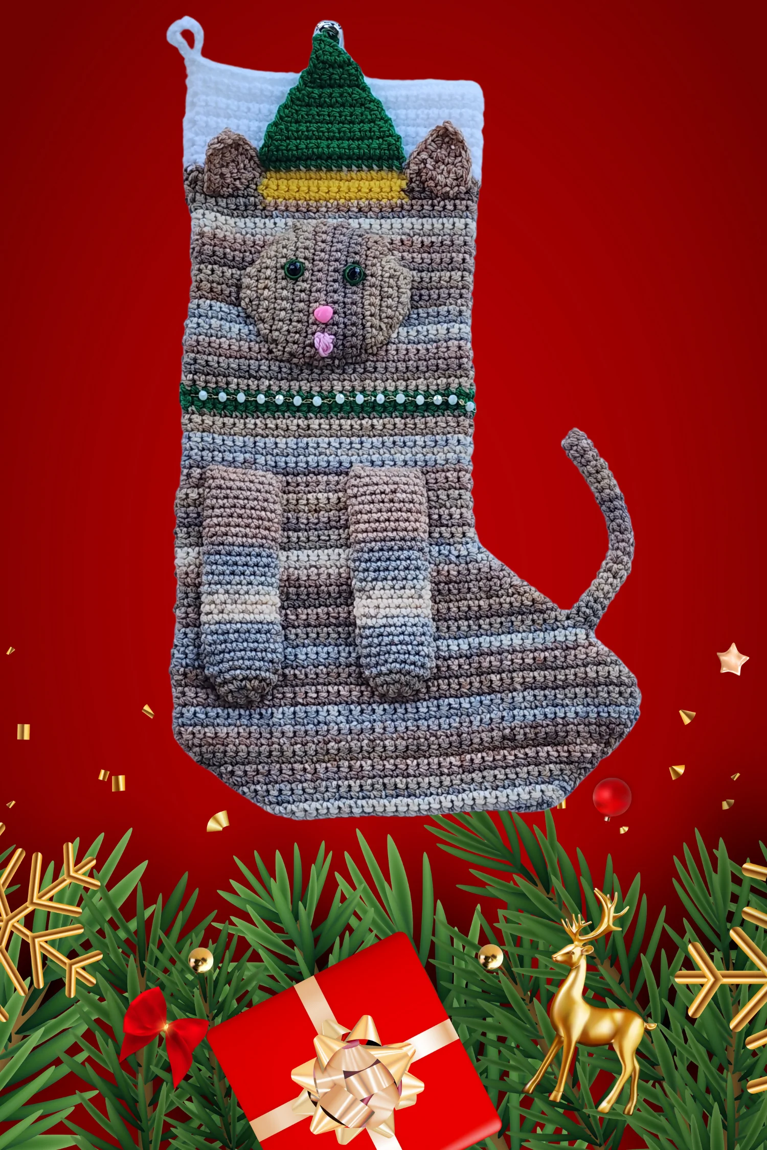 Image of Tabby Cat Christmas Stocking (Crochet)