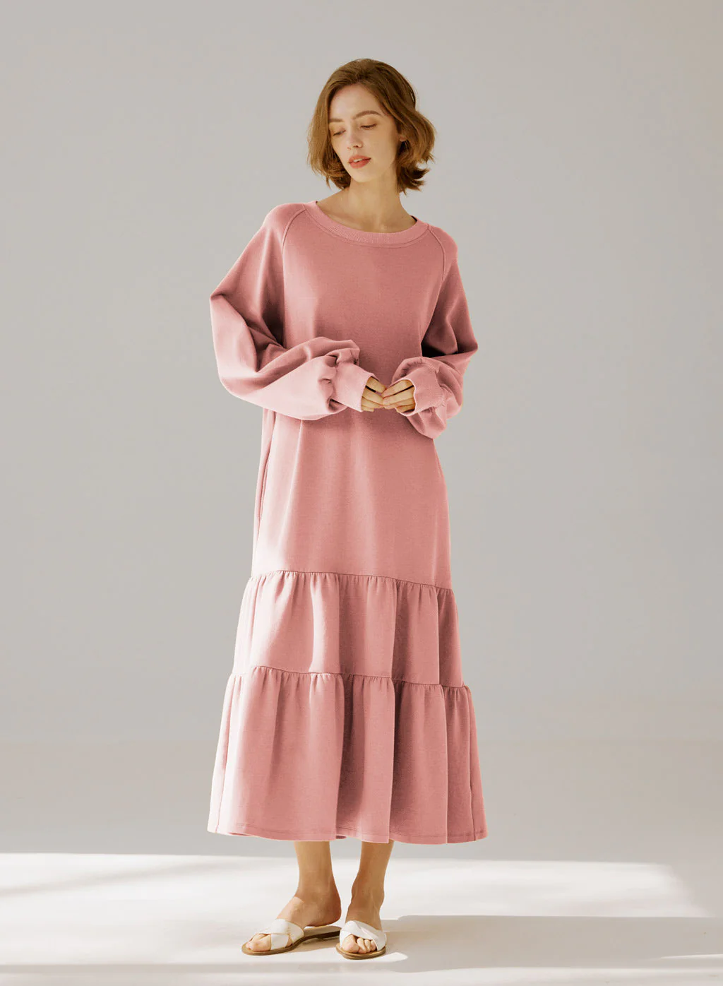 Image of Crewneck Tiered Cotton Dress