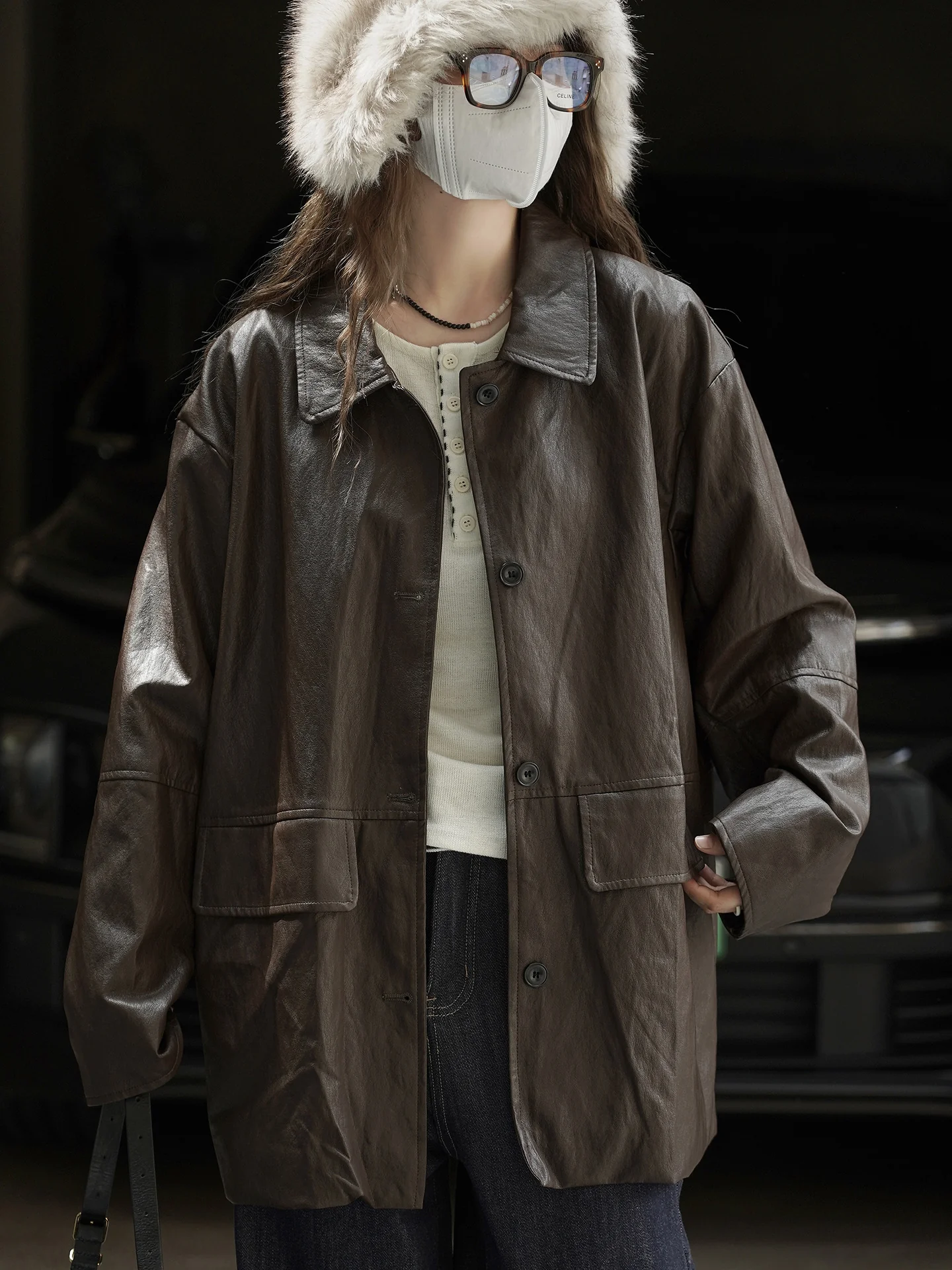 Image of Loose Collar Leather Jacket