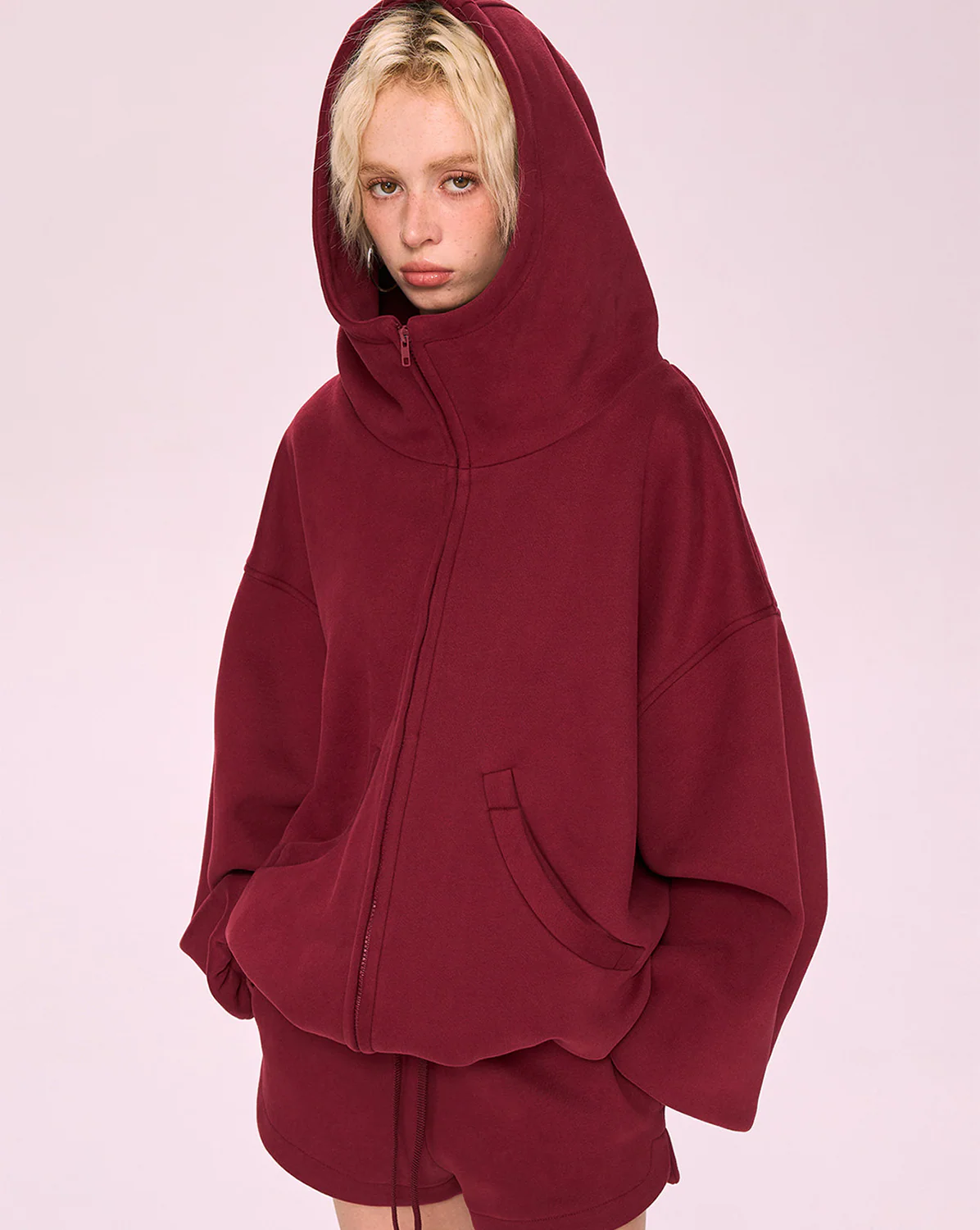 Image of Burgundy Zip-Up Hoodie & Shorts Sport Set