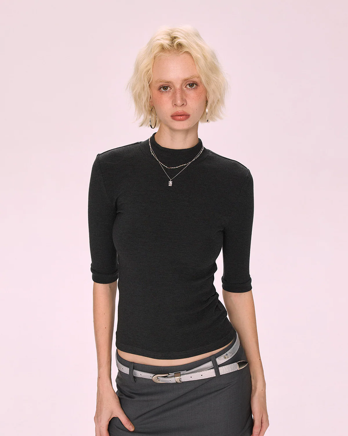 Image of Mock Neck Slim Half-Sleeve T-Shirt