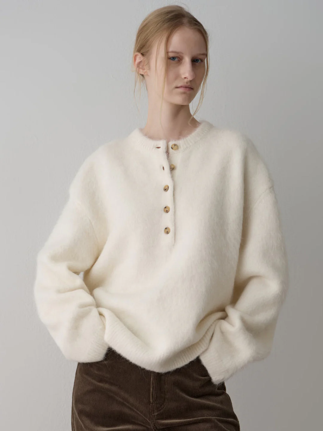 Image of Fuzzy Henley Knit Sweater