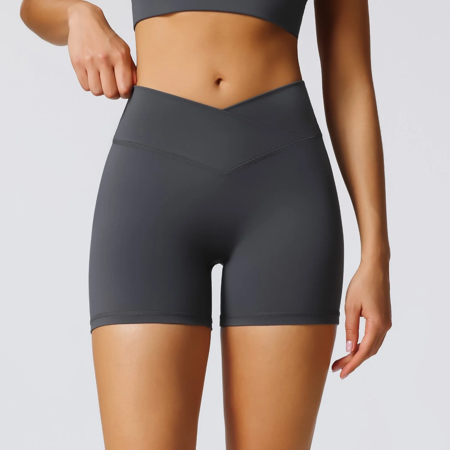 Image of High-Waist Crossover Shorts – Graphite Grey | Seamless Fit & Support