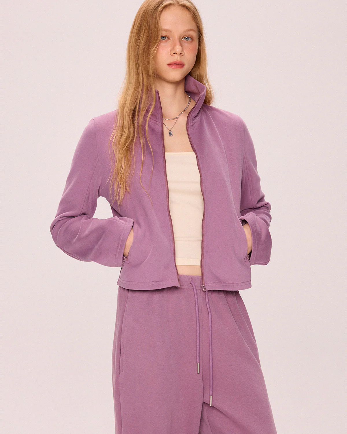 Image of High-Neck Zip-Up Crop Sweatshirt & Wide-Leg Pants Set