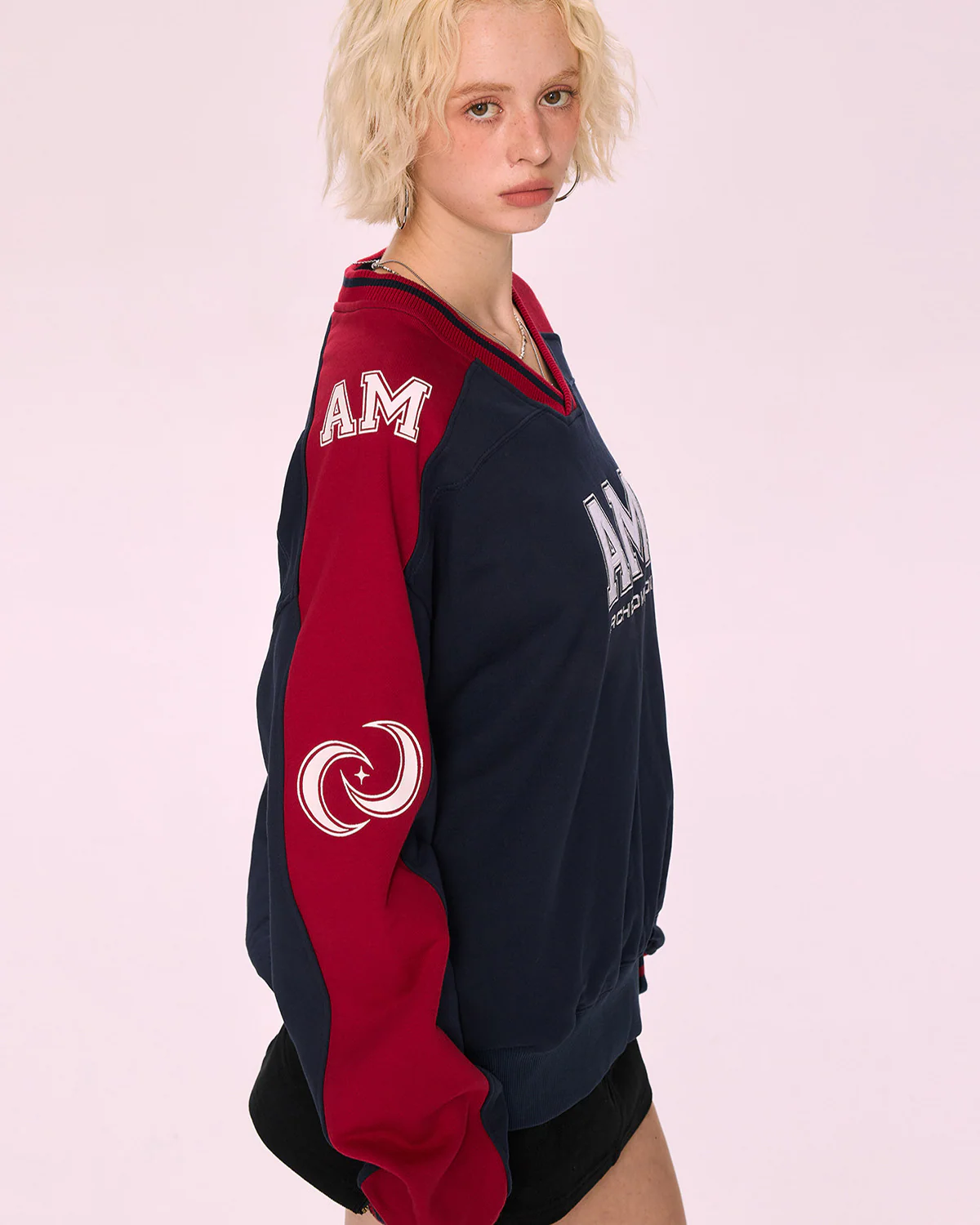 Image of Navy & Red Color-Block V-Neck Embroidered Oversized Sweatshirt