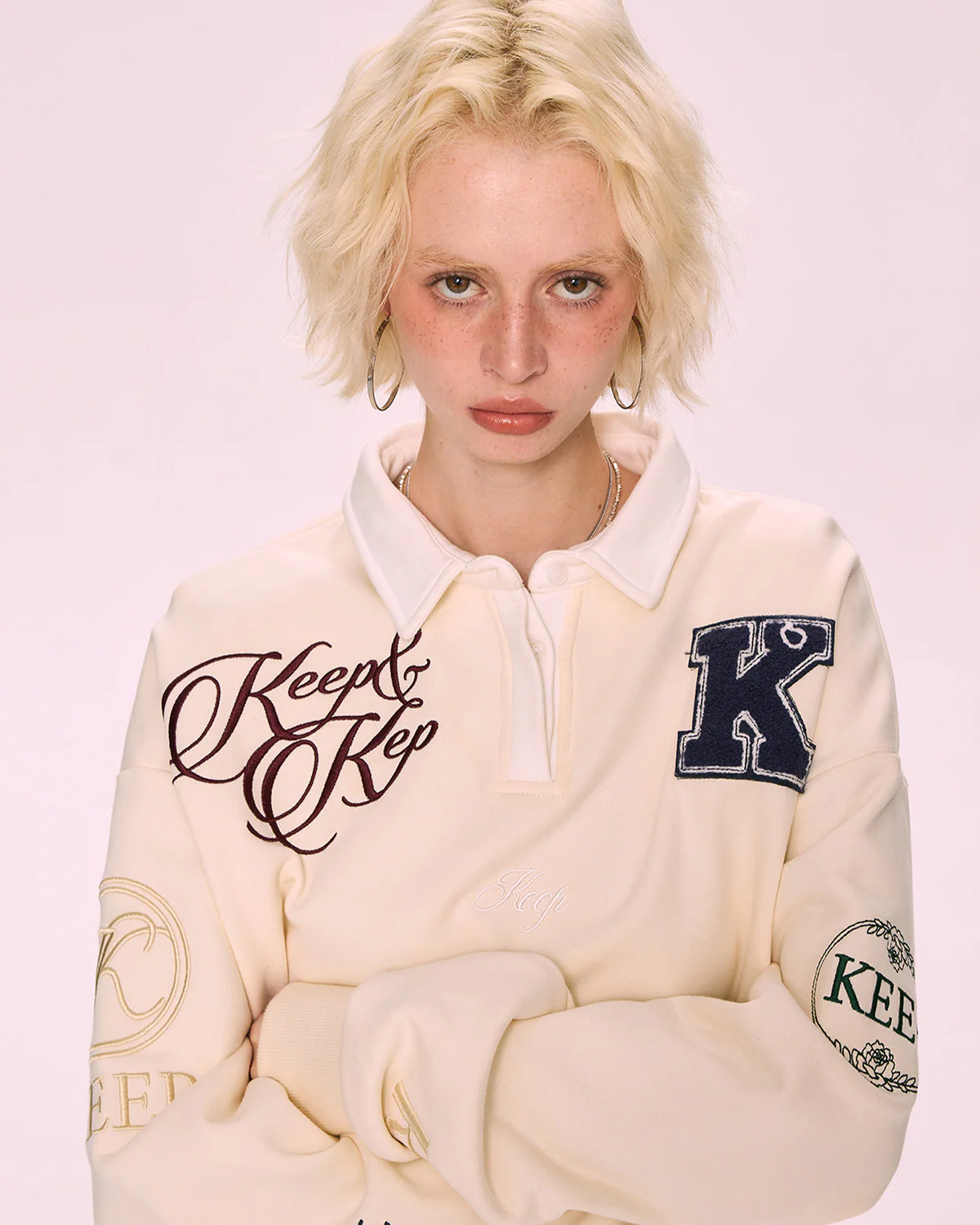 Image of Beige Polo Collar Embroidered Oversized Sweatshirt