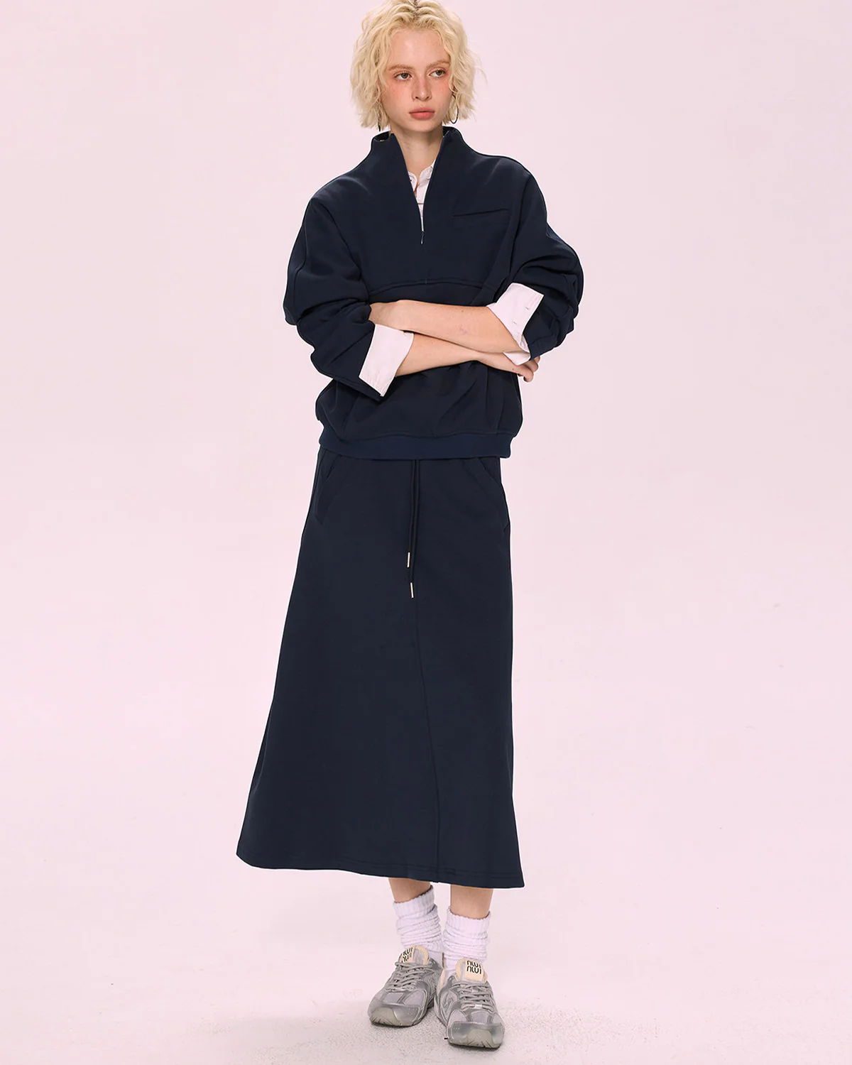 Image of Navy Blue Oversized Hoodie & A-Line Skirt 2-Piece Set