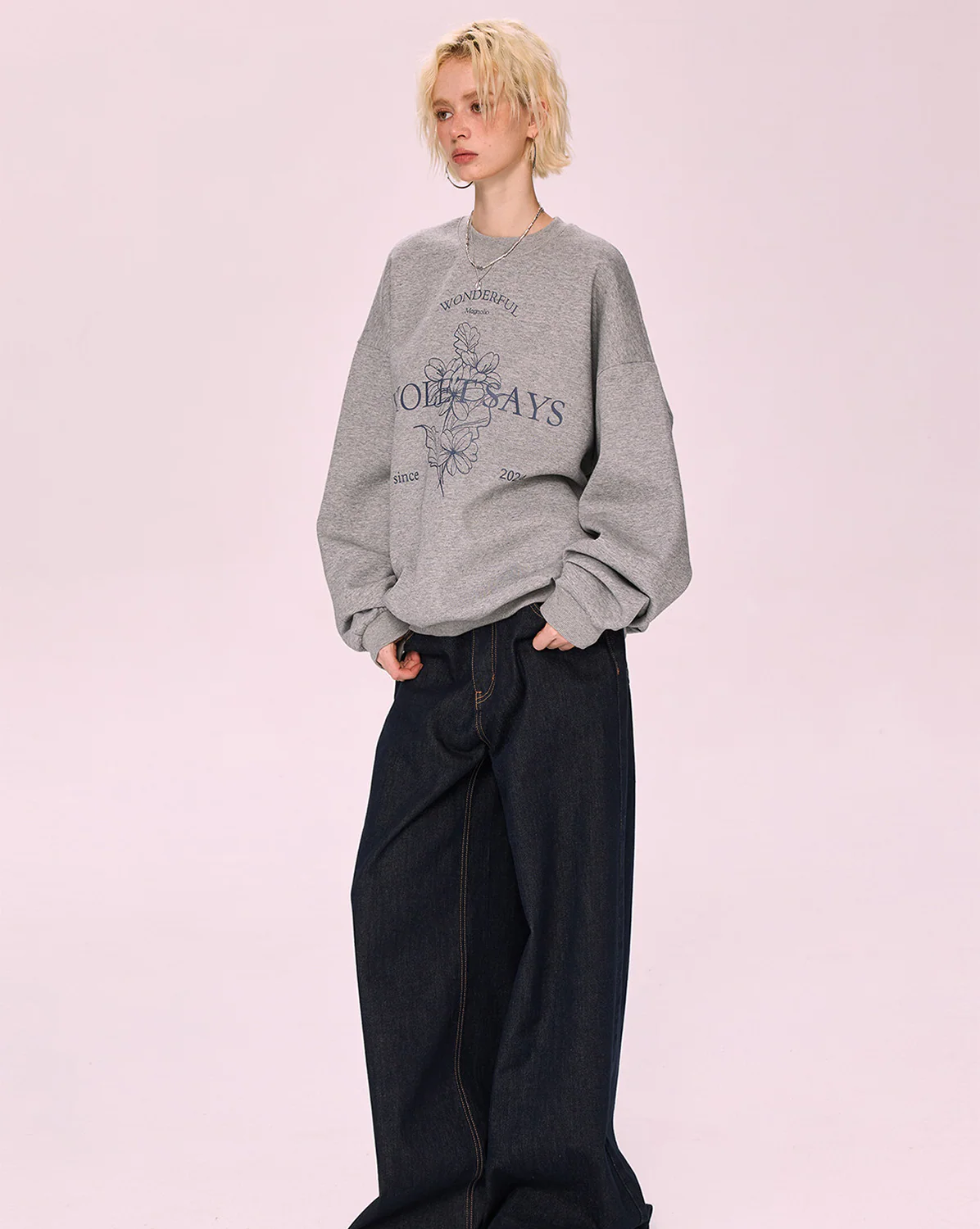 Image of Gray Printed Crewneck Oversized Sweatshirt