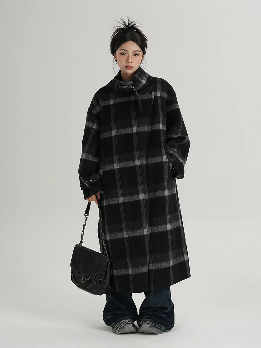 Image of Stand Collar Plaid Oversized Long Wool Coat