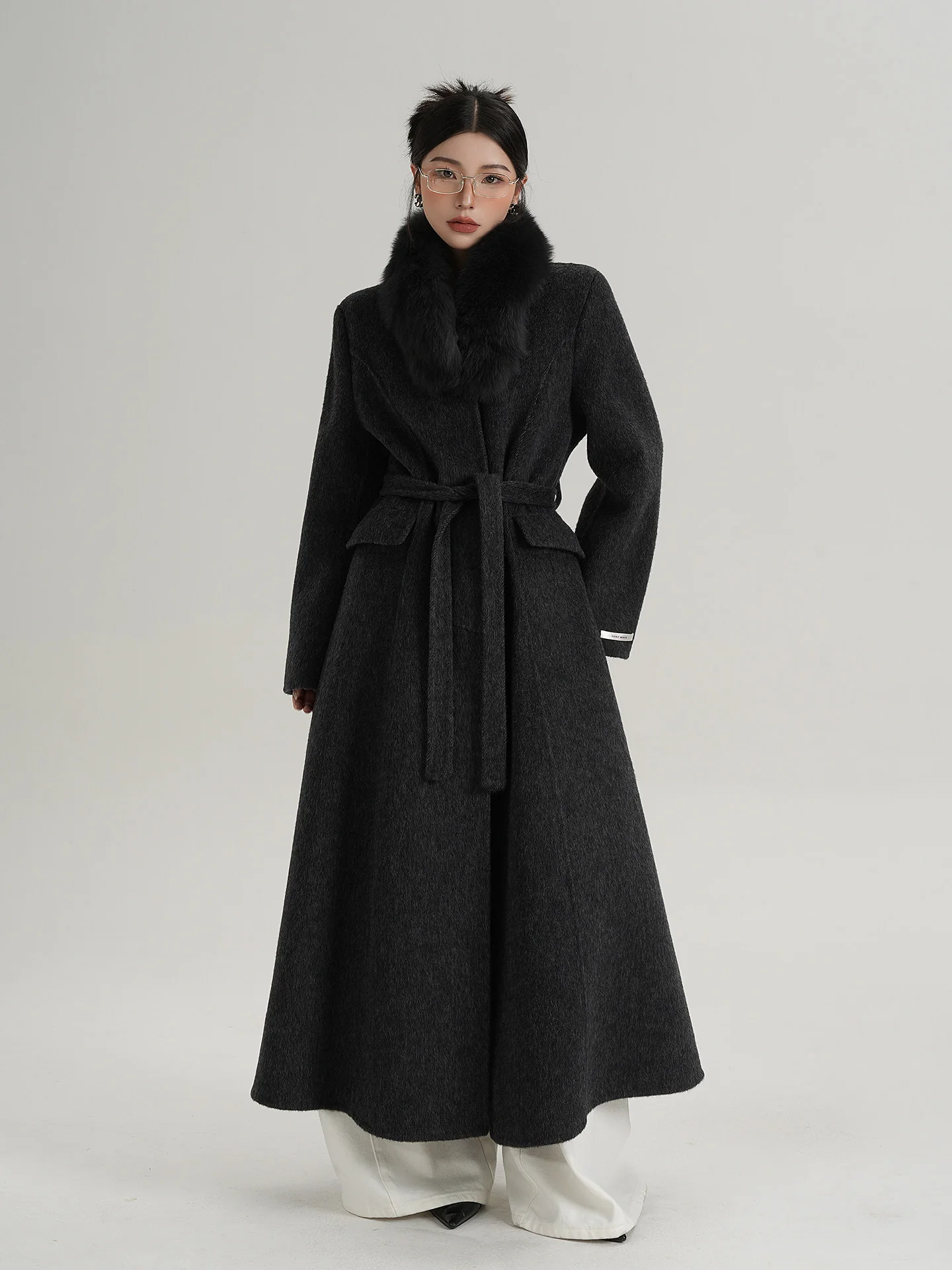 Image of Fur Collar Waist-Tie A-Line Long Reversible Wool Coat