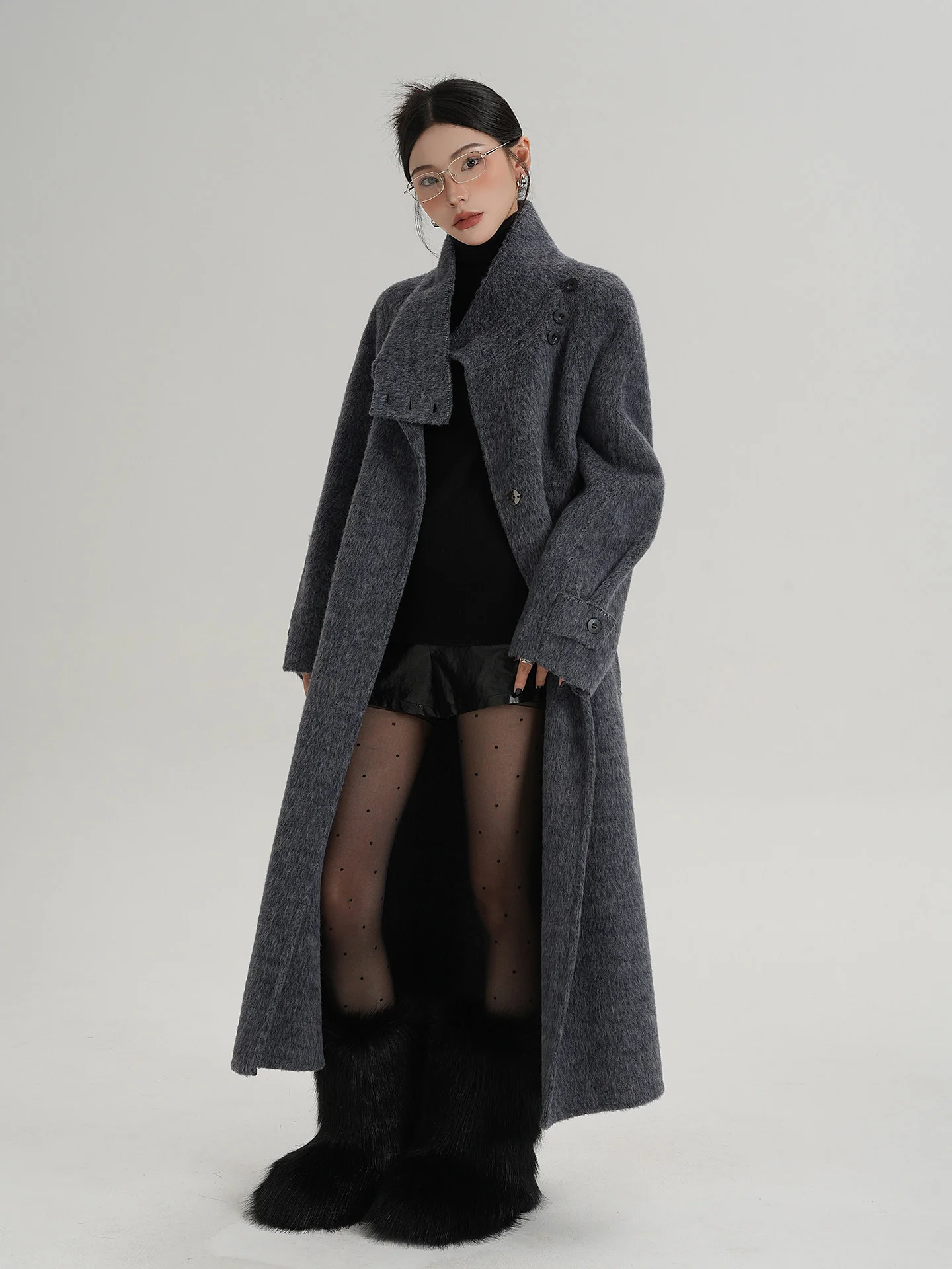 Image of Stand Collar Asymmetric Button Wool Coat