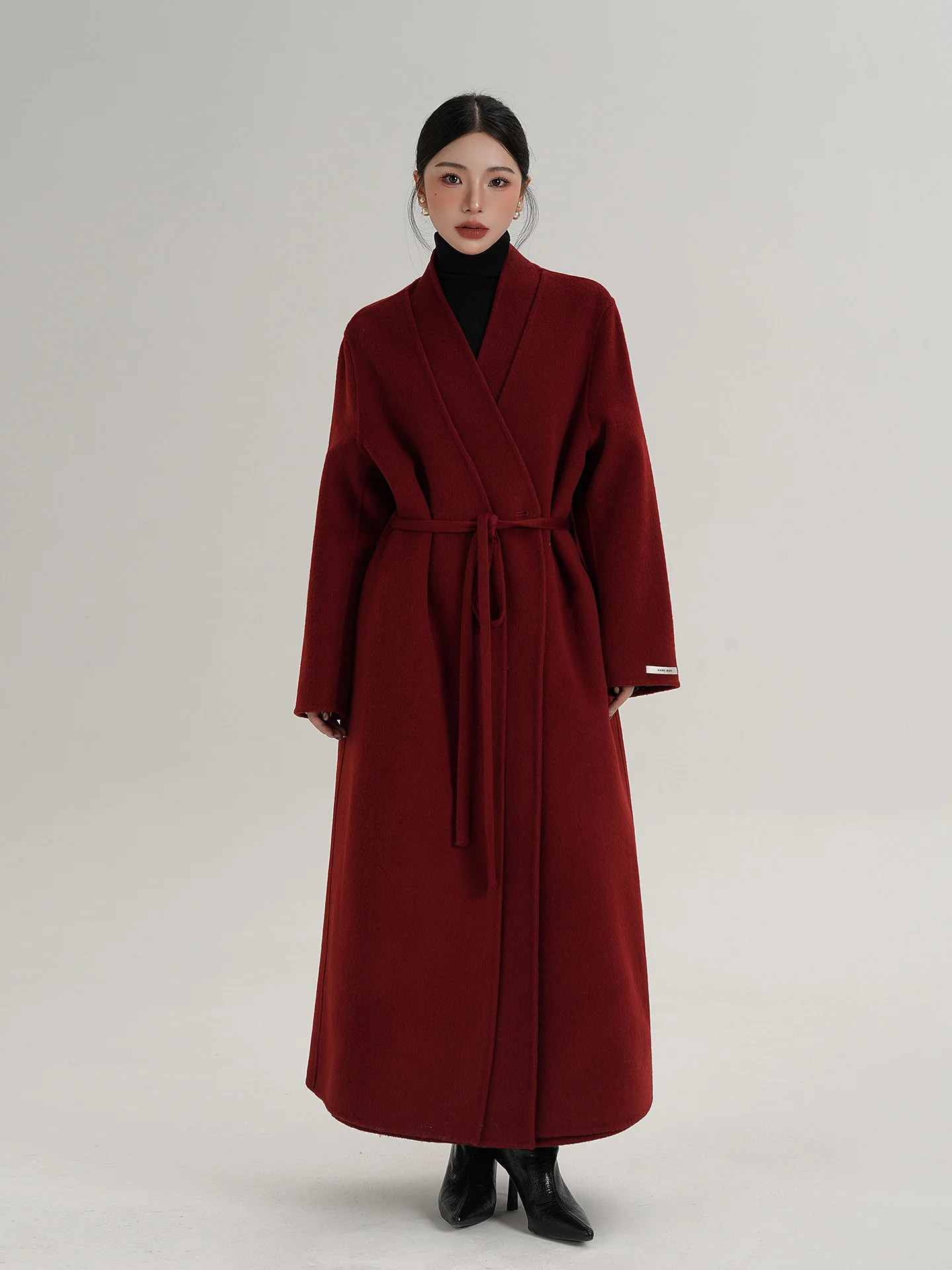 Image of Christmas Red Reversible Wool Tie-Waist Long Coat