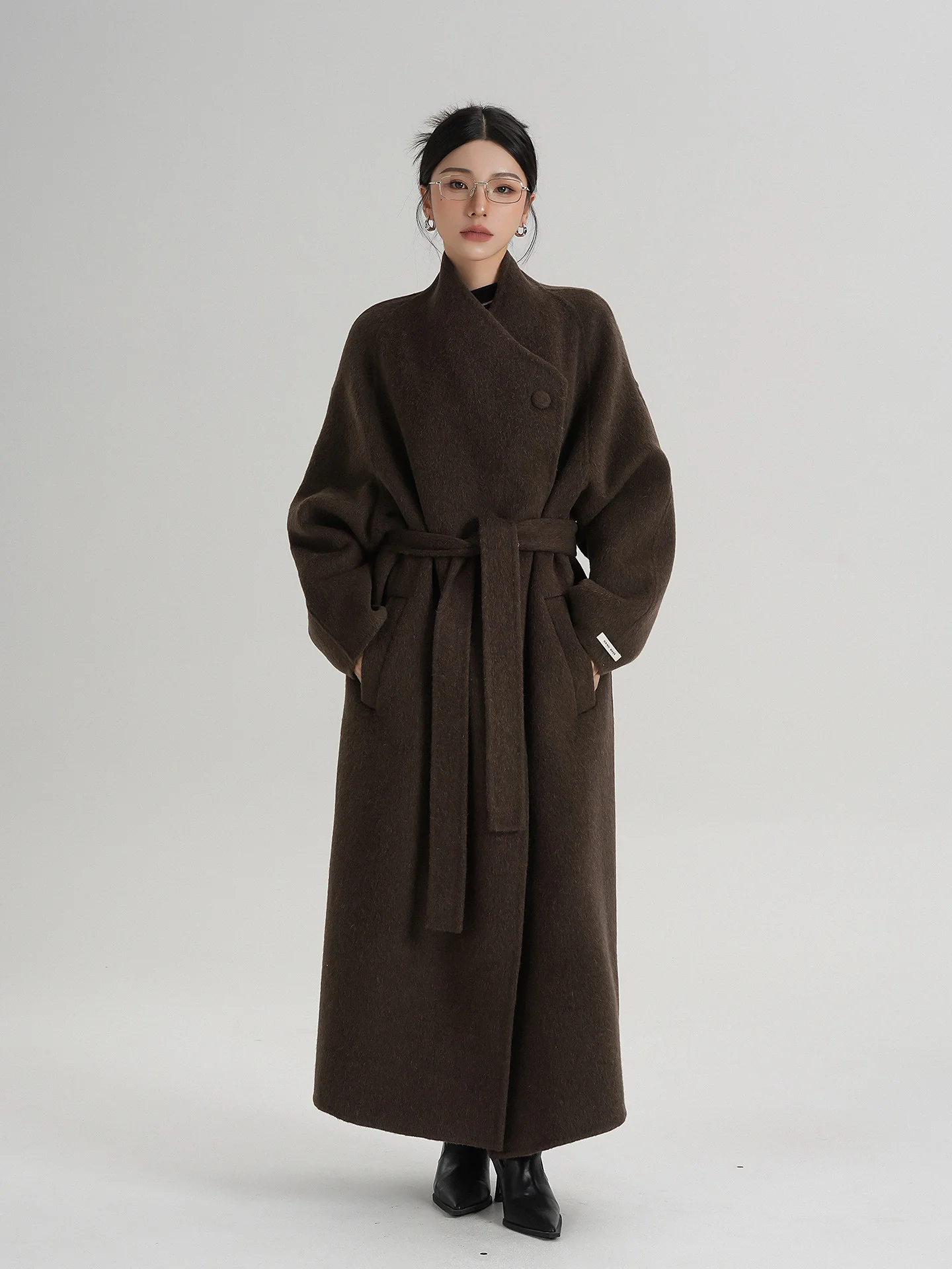 Image of Coffee Brown Asymmetric Button Tie-Waist Long Wool Coat