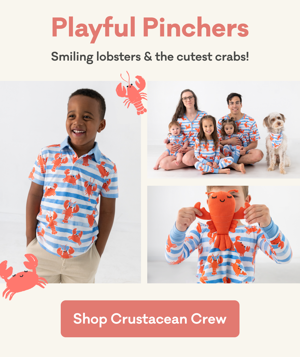 Playful Pinchers | Smiling lobsters & the cutest crabs! | Shop Crustacean Crew
