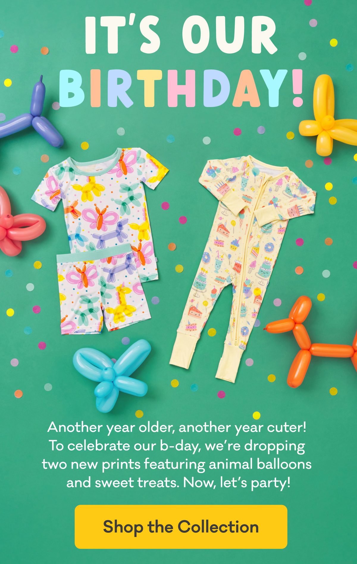 It's Our Birthday! | Another year older, another year cuter!  To celebrate our b-day, we’re dropping  two new prints featuring animal balloons  and sweet treats. Now, let’s party! | Shop the Collection
