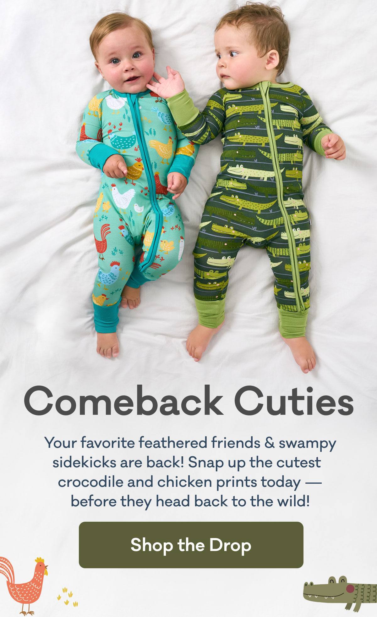 Comeback Cuties | Your favorite feathered friends & swampy sidekicks are back! Snap up the cutest   crocodile and chicken prints today — before they head back to the wild! | Shop the Drop