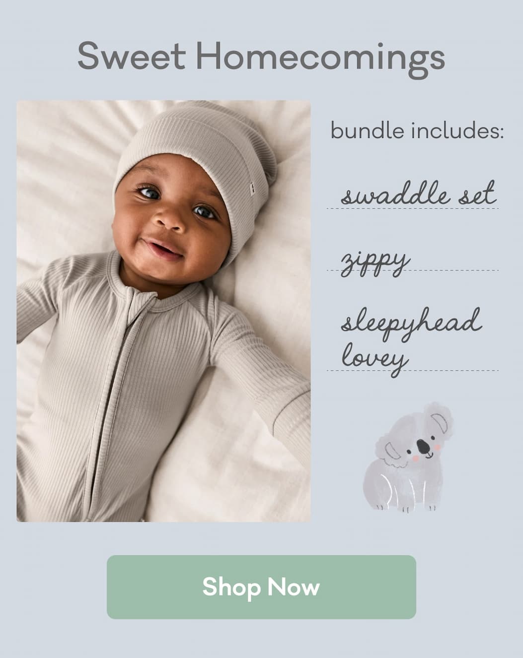 Sweet Homecomings | bundle includes: swaddle set, zippy, sleepyhead lovey | Shop Now
