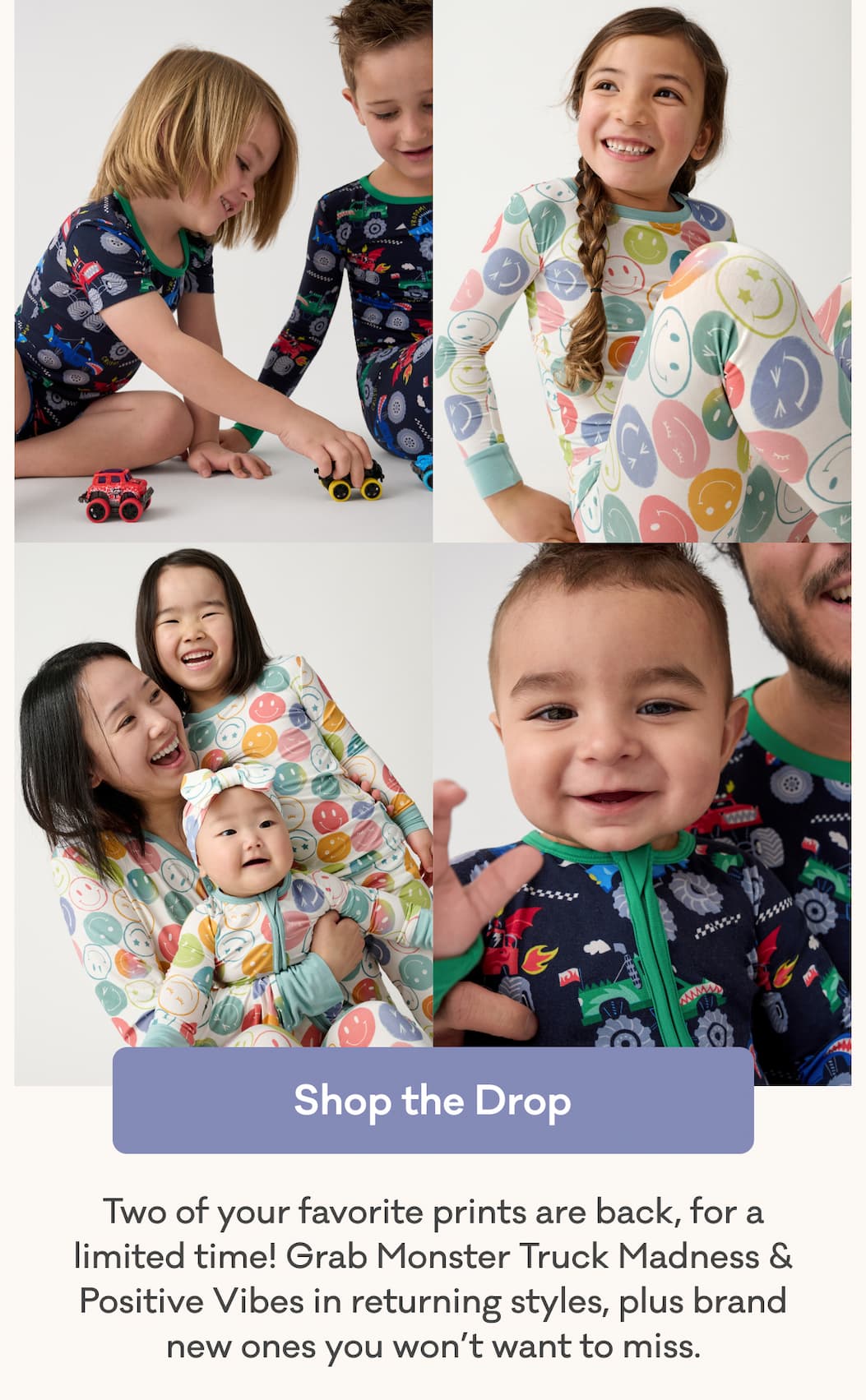 Shop the Drop | Two of your favorite prints are back, for a limited time! Grab Monster Truck Madness & Positive Vibes in returning styles, plus brand new ones you won’t want to miss.