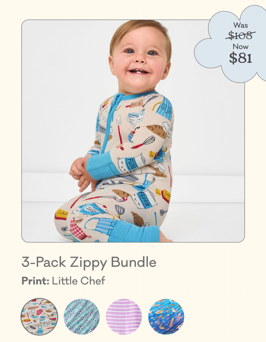 Was $108 now $81 | Was $102 now $76.50 | 3-Pack PJ Set Bundle | Zippy Bundle | Shorty Zippy Bundle | Prints: Little Chef, Aqua Soccer Stars, Sweet Orchid Stripe, Underwater Discovery