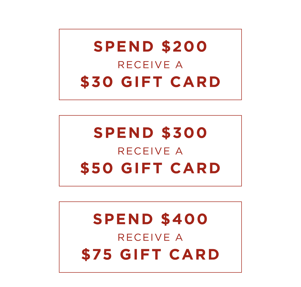 Spend $200 get a $30 gift card, Spend $300 get a $50 gift card, Spend $400 get a $75 gift card,