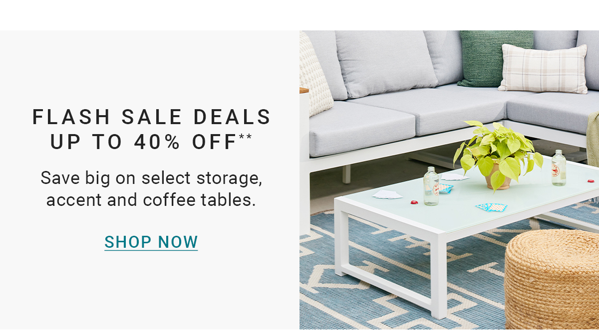FLASH SALE DEALS UP TO 40% OFF** Save big on select storage, accent and coffee tables. SHOP NOW