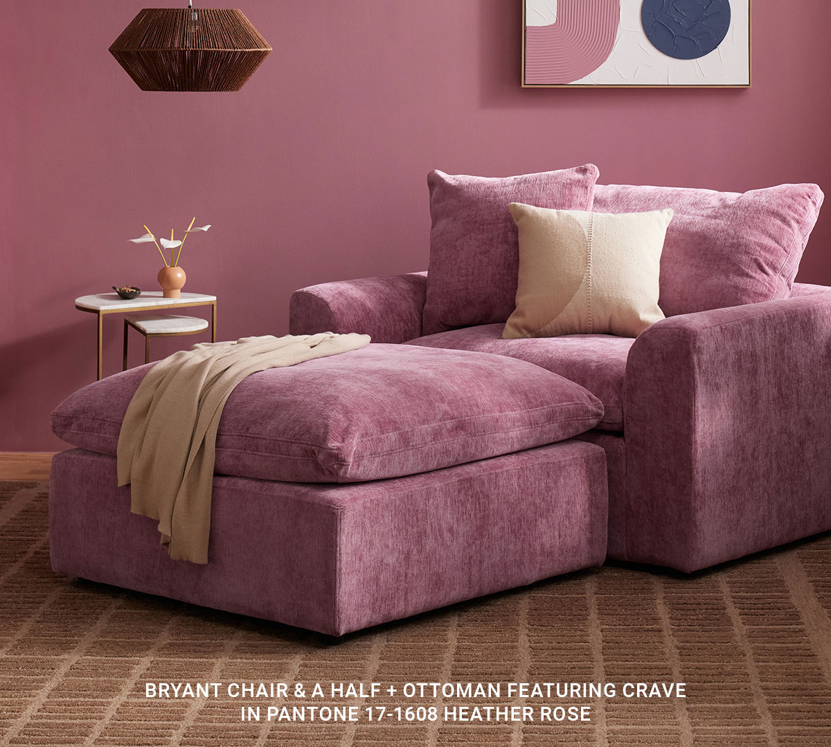 BRYANT CHAIR & A HALF + OTTOMAN FEATURING CRAVE IN PANTONE 17-1608 HEATHER ROSE
