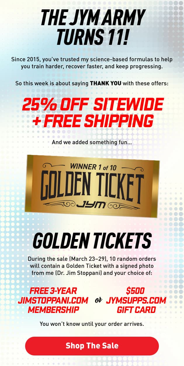 JYM Army turns 11! 25% off and free shipping... plus Golden Tickets being given away