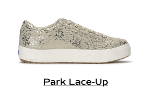 A side view of the Park Metallic Snake Suede Lace-Up in gold. Shop Park Lace-Up.